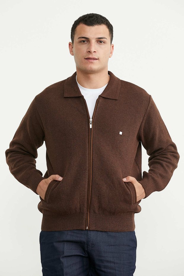 Shirt Collar Zippered Wool Knitwear Coat - Brown - Mink