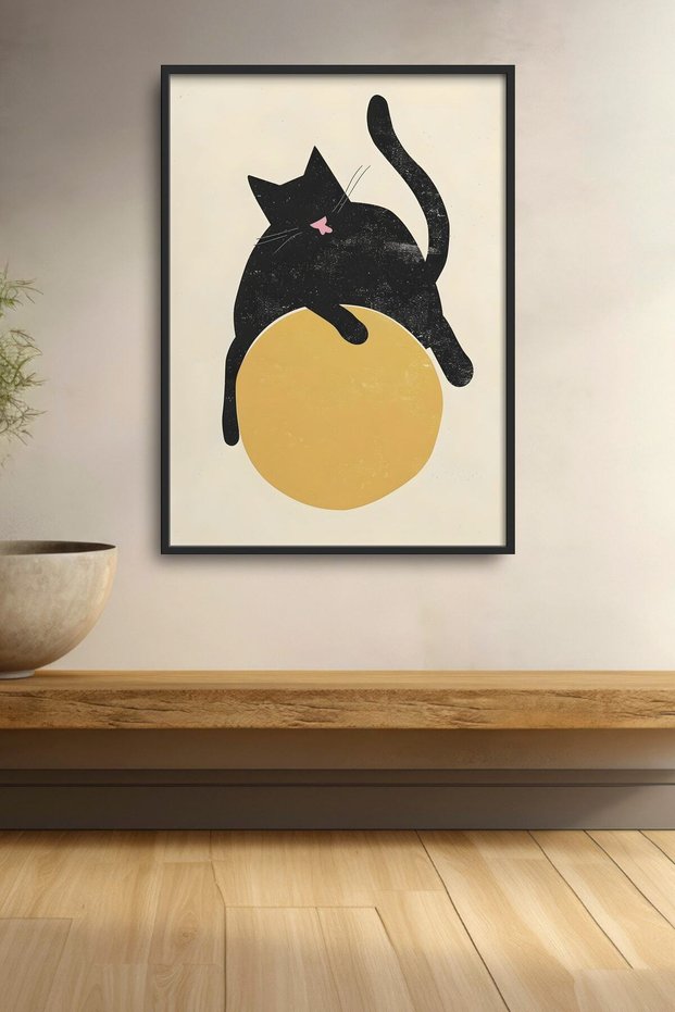 Black Cat Playing on Yellow Circle Framed Painting Cat Poster Modern Wall Decor Kedi40