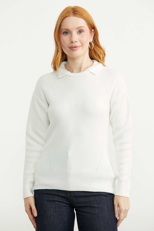 Collar Detailed Knitwear Sweater - Bone Color