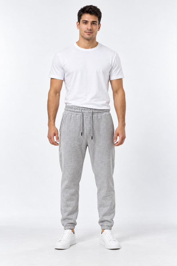 Men's Gray Ribbed Cuffed Regular Baggy Winter Sweatpants