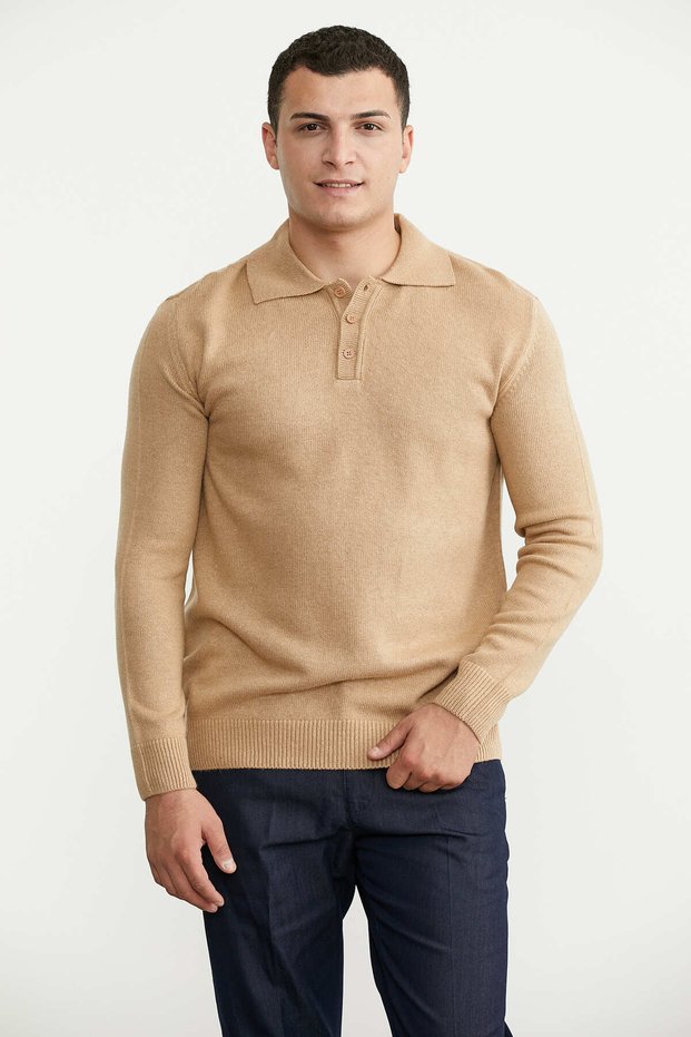 Polo Neck Wool Knit Sweater - Camel