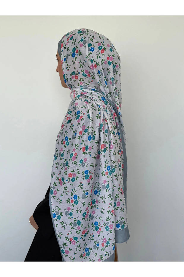 Mini Floral Pattern Soft Shawl - Gray & Ecru
