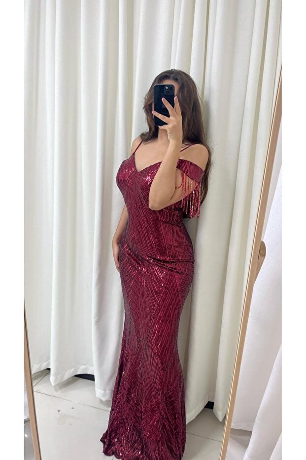 Sequin Evening Dress Long - Red