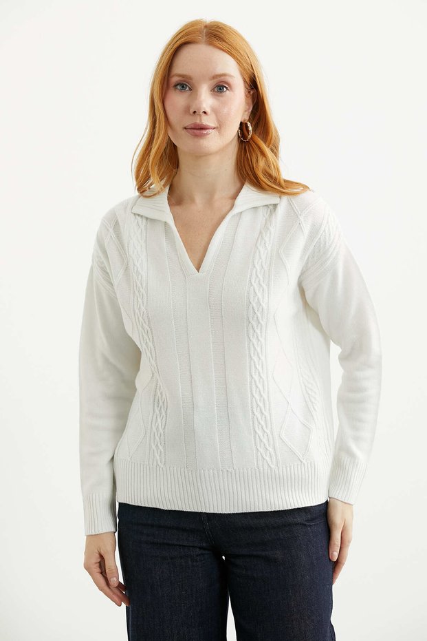 Polo Collar Oversize Knit Sweater - Bone