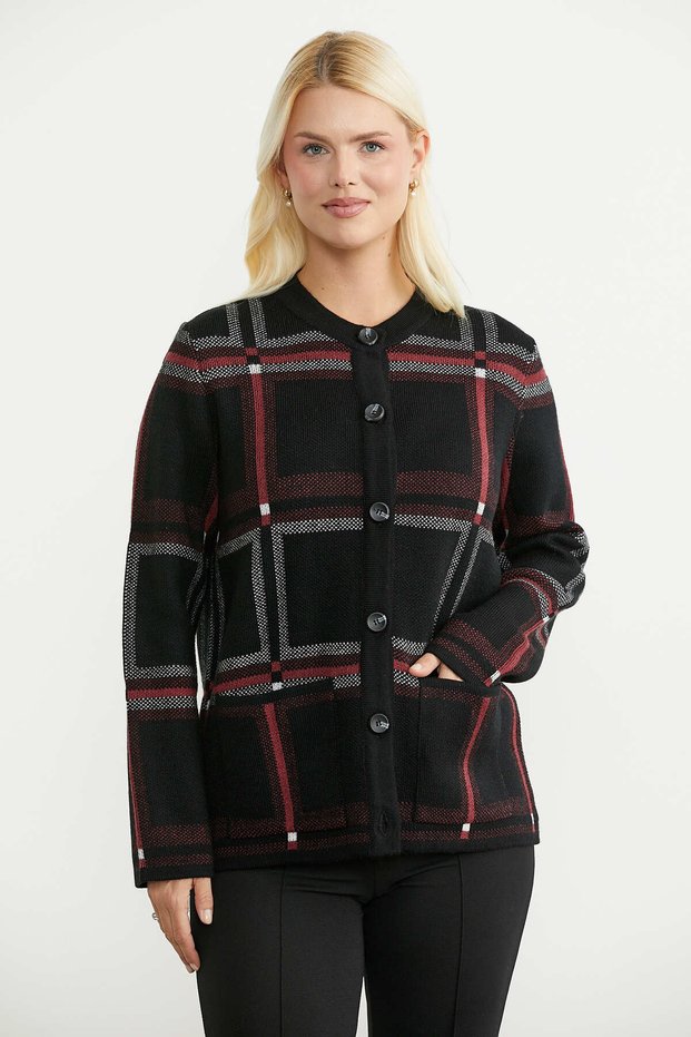 Block Patterned Buttoned Knitwear Jacket - Black