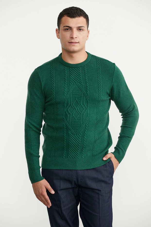Round Neck Motif Knit Sweater - Dark Green