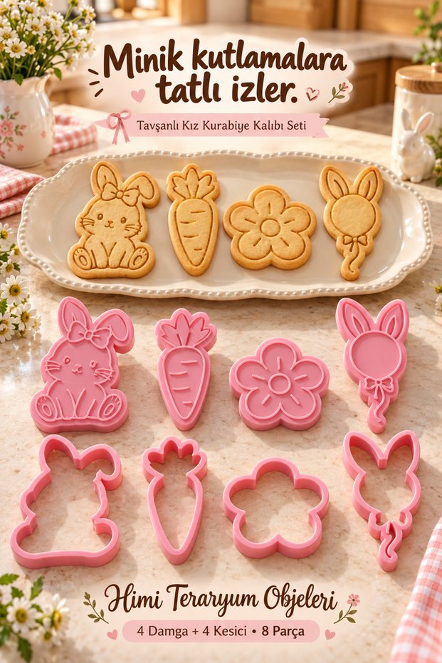 Rabbit Cookie Mold and Stamp Set Girl's Birthday Bowknot Carrot Balloon