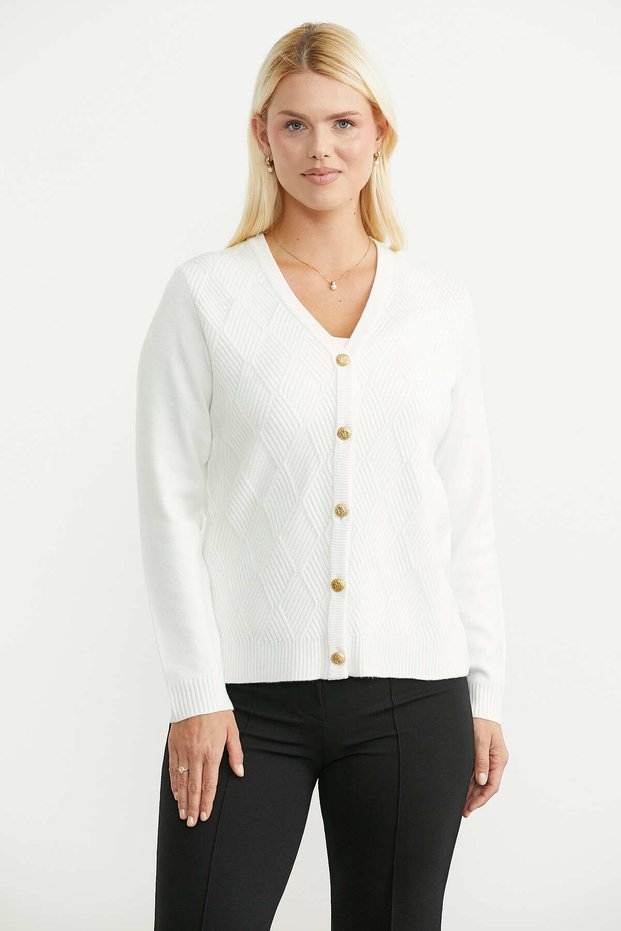 Motifed V-Neck Knitwear Cardigan - Bone