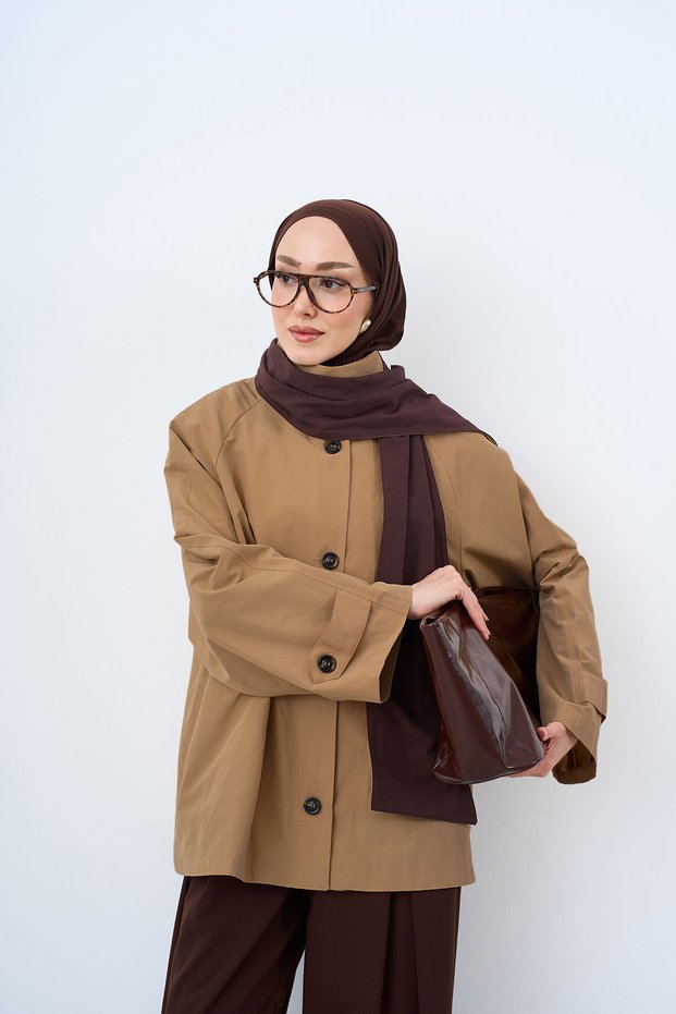 Women's Collar Shawl Detail Short Trench Coat with Epaulet Sleeves Mink