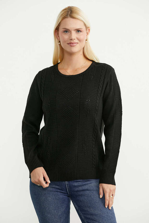 Mixed Motif Detailed Wool Knit Sweater - Black
