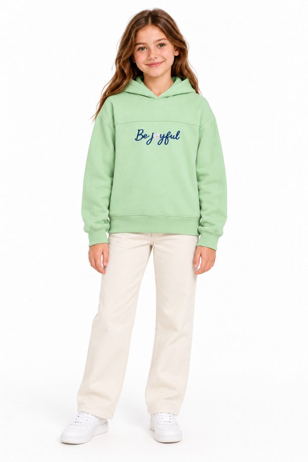18610-26 Girl's Be Joyful Embroidered Hooded Sweatshirt 9-12 Years