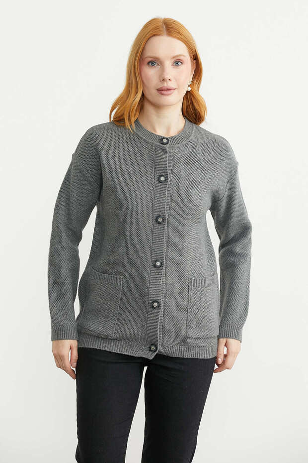 Zero Collar Buttoned Wool Knitwear Cardigan - Gray