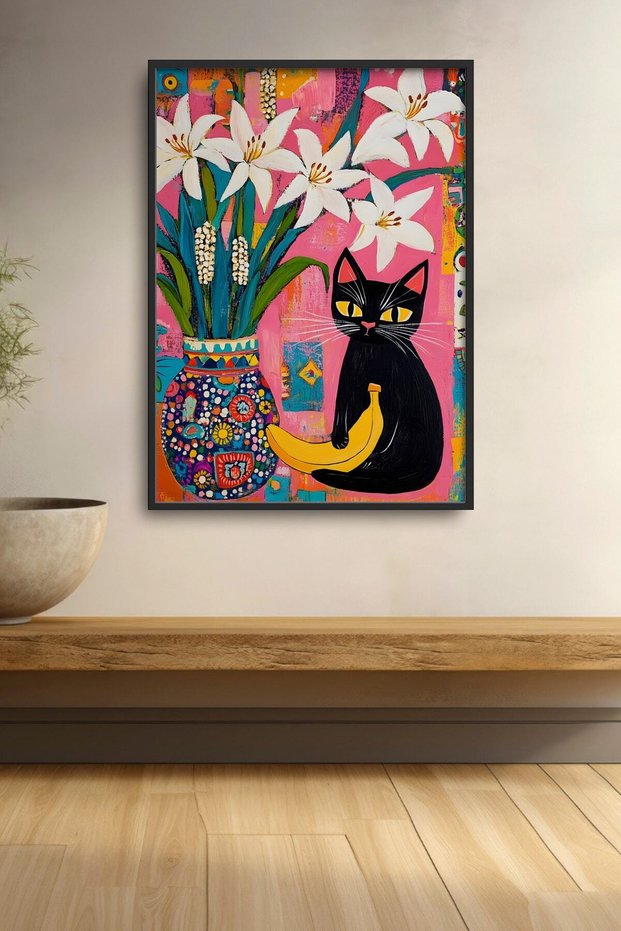 Black Cat with Lilies and Bananas Framed Art Print Cat Poster Modern Wall Decor Kedi33