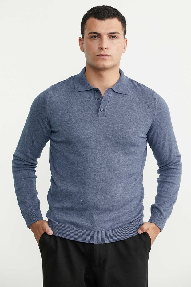 Polo Collar Basic Cotton Knit Sweater - Indigo