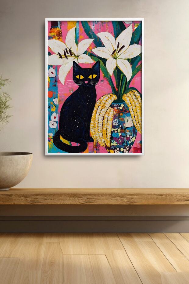 Lily Filled Vase and Black Cat Framed Painting Cat Poster Modern Wall Decor Kedi13