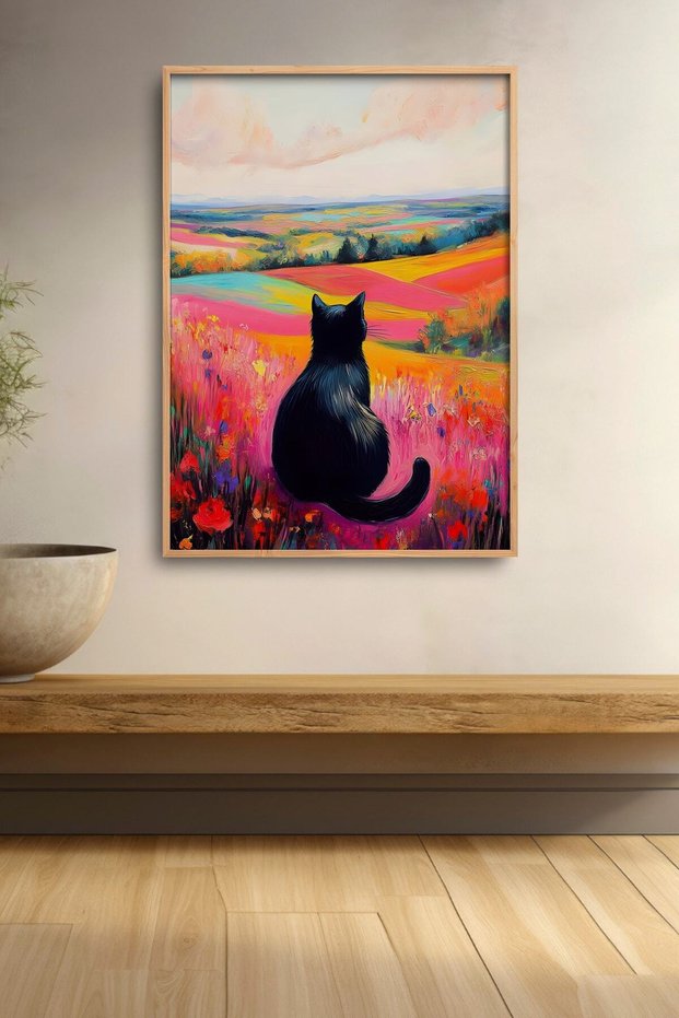 Black Cat in Colorful Flower Field Framed Painting Cat Poster Modern Wall Decor Kedi51