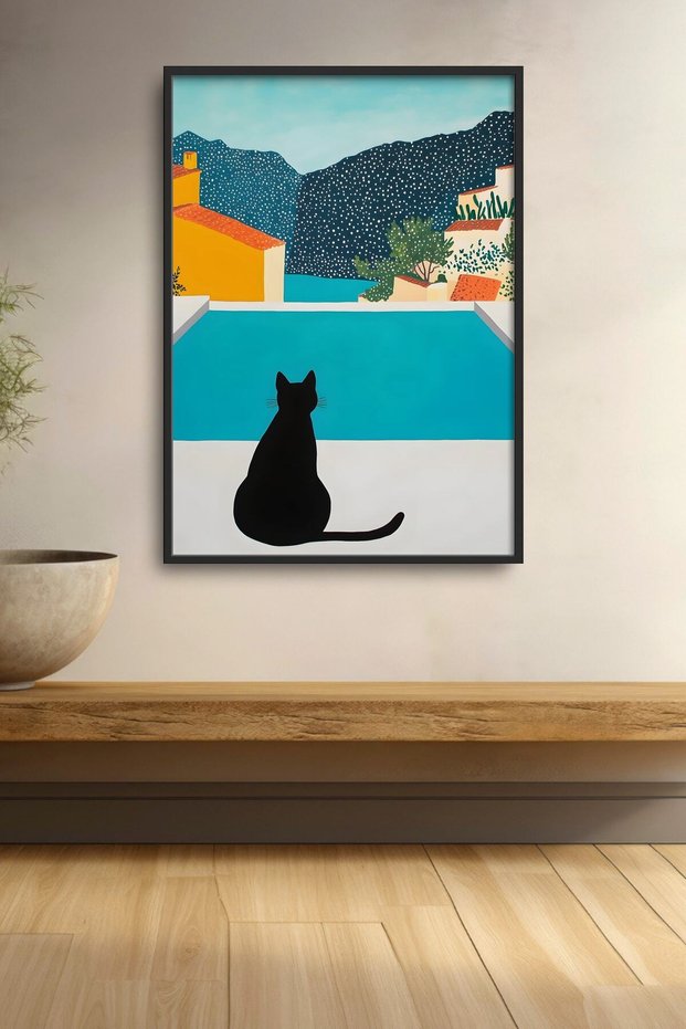 Black Cat Framed Painting with Pool and Sea View Cat Poster Modern Wall Decor Kedi25