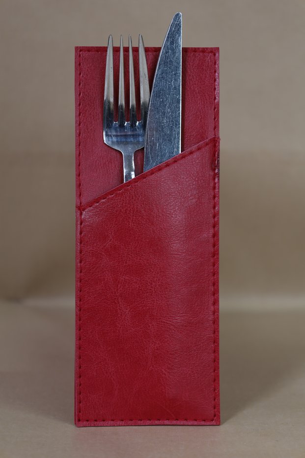 Red Thermo Leather Fork Spoon Cover 8X21 cm Restaurant Cafe Cutlery Service Cover Pack of 10