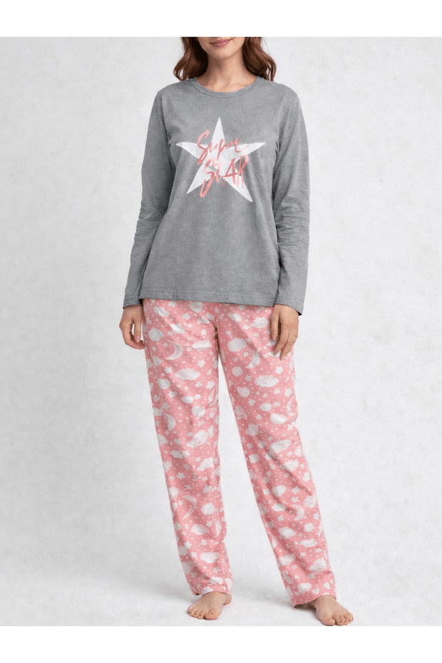 Moon & Cloud Patterned Long Sleeve Pajama Set - 2894 - Gray & Yavruağzı