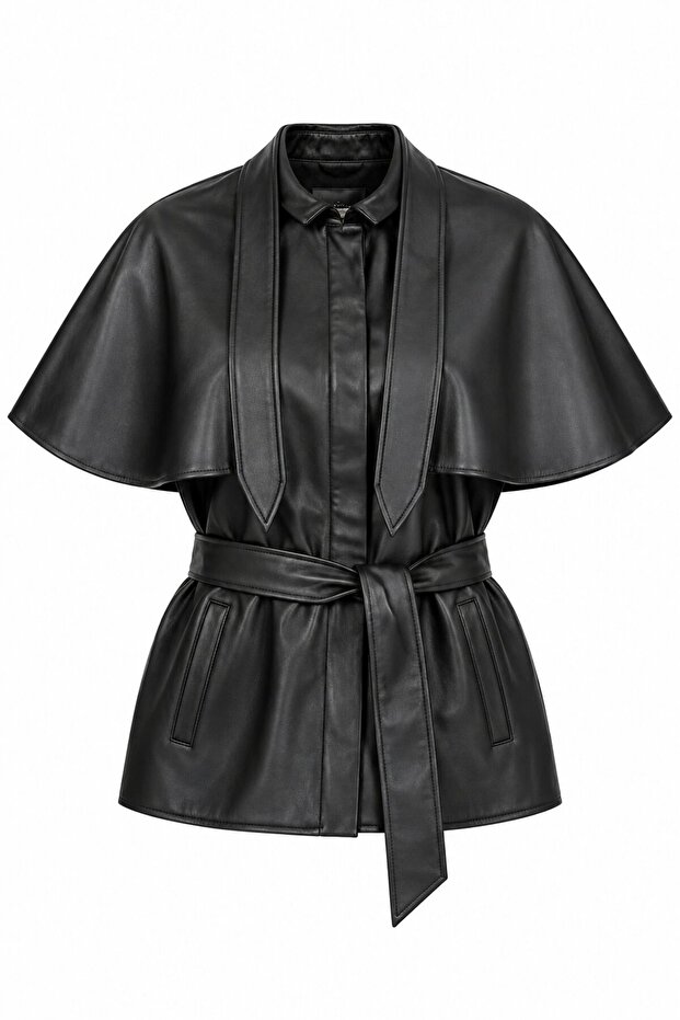 Black Belted Cape Leather Jacket - 1182