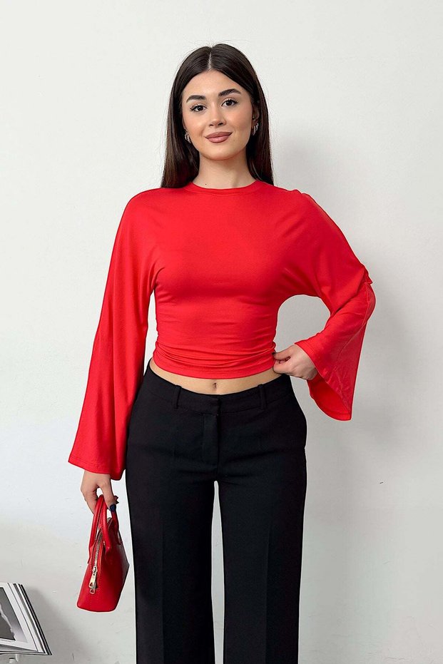 Women's Crew Neck Spanish Sleeve Basic Blouse Red - 27K 2689