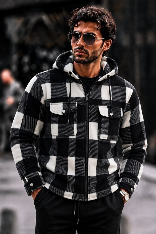Men's Zippered Hooded Lumberjack Black Shirt