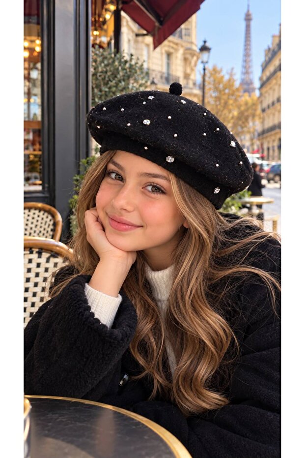 Black Stone Embroidered Soft Textured French Painter Girl's Beret 10-18 Years Old