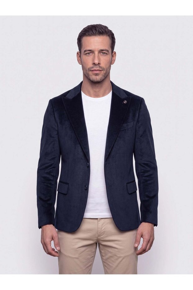 Navy Blue Pointed Collar Slim Fit 6 Drop Men's Casual Velvet Jacket