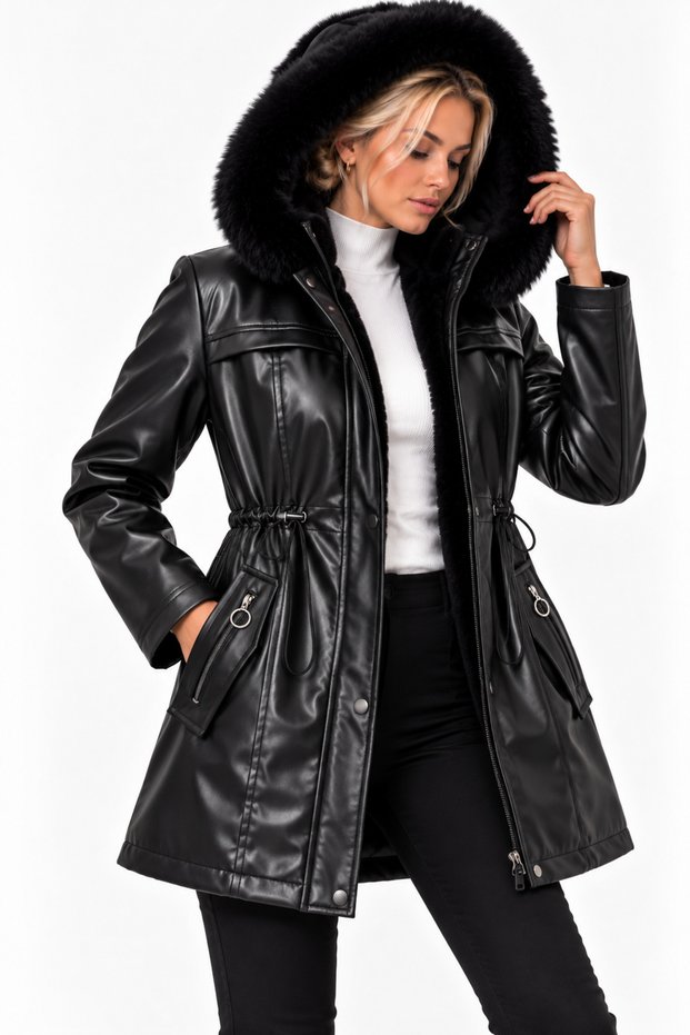 Black Women's Faux Leather Jacket with Hood and Fleece Inside - Coat