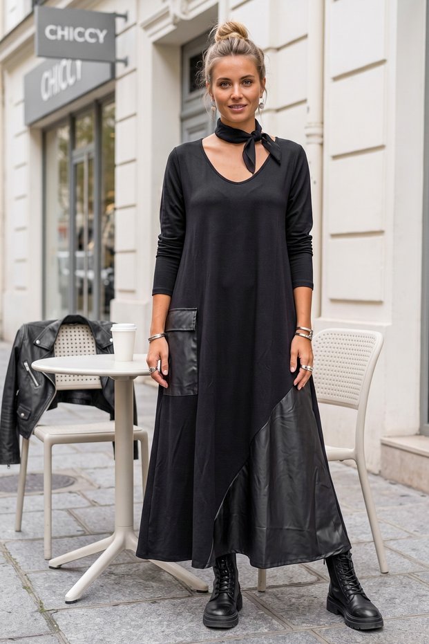 Black V-Neck Long Sleeve Single Pocket Slim Leather Trim Casual Knitted Dress 130 55