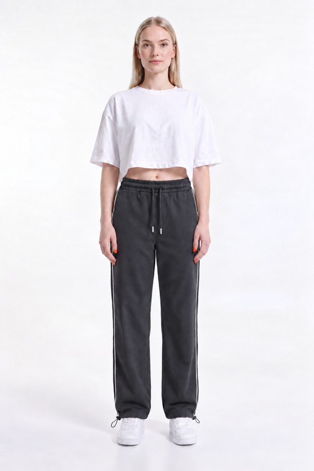 Women's Baggy Sweatpants with 3 Threaded Side Piping and Adjustable Legs