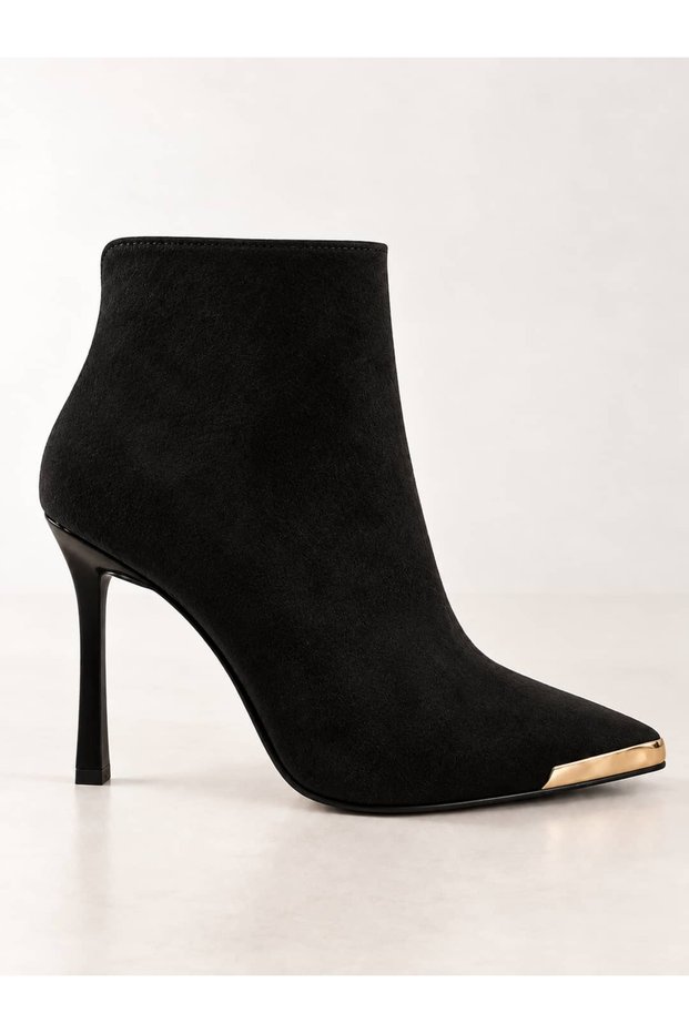 Women's Black Suede Pointed Toe Thin Heeled Boots 9 cm Heeled Boots with Gold Toe Detail Stylish Zippered Women's Boots