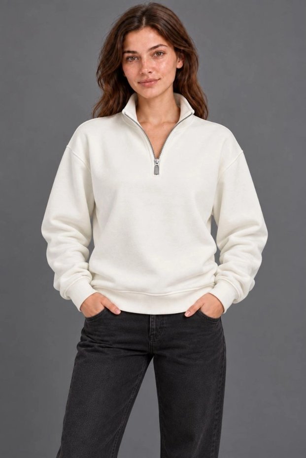 Women's Three-Thread Ribbed High Collar Half-Zip Winter Sweatshirt - White