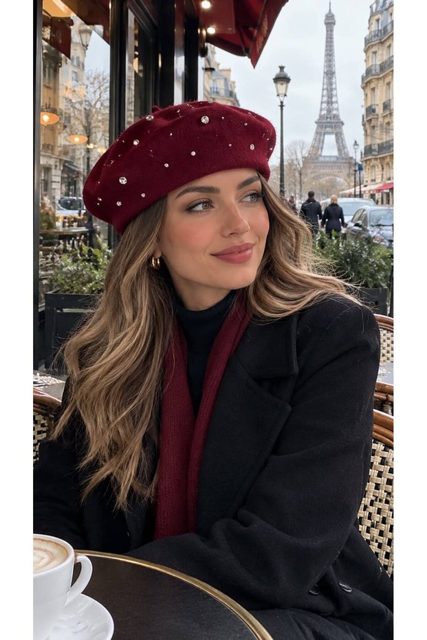 Burgundy Stone Embroidered Soft Textured French Painter Women's Beret