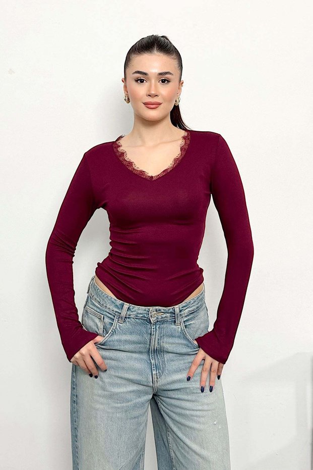 Women's V-Neck Lace Snap-On Bodysuit Plum - 27K 2578