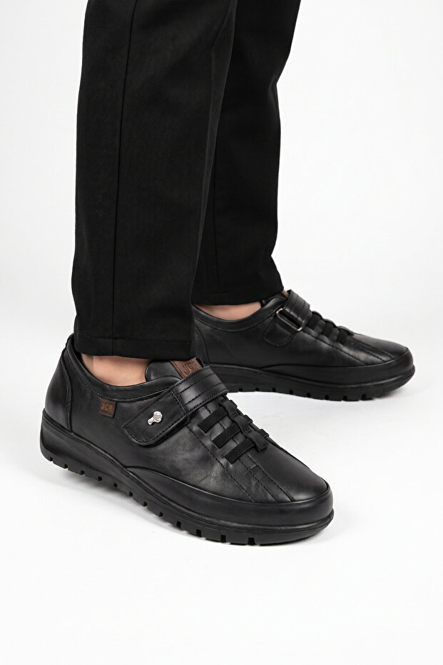 Black Genuine Leather Anatomical Comfortable Sole Velcro Women's Casual Shoes 7679-27K