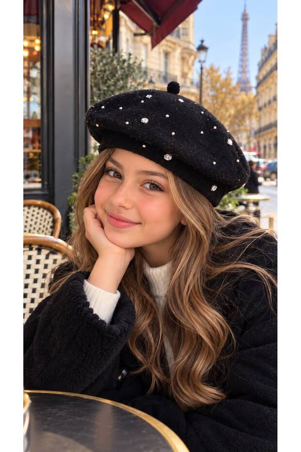 Black Stone Embroidered Soft Textured French Painter Girl's Beret 10-18 Years Old