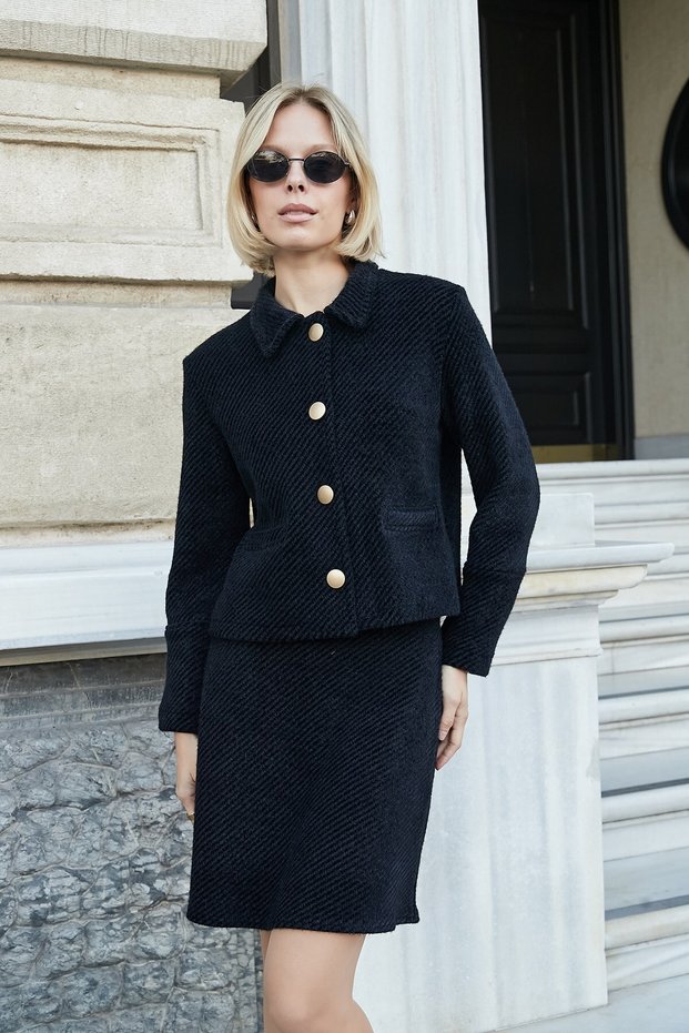 Women's Autumn-Winter Soft Textured Angora Fabric Flato Pocketed Long Sleeve Jacket-Black
