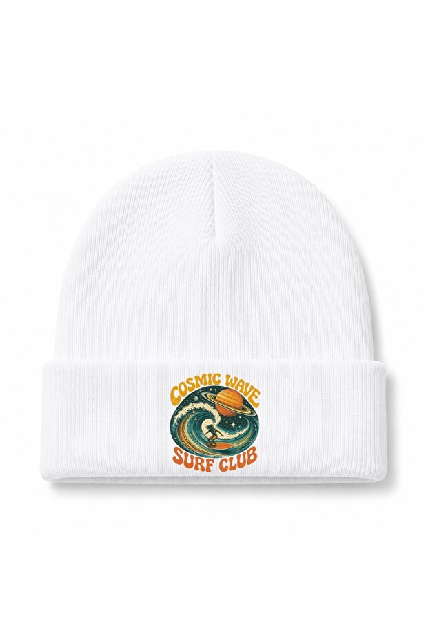 Cosmic Wave Surf Club Retro Space Surfer Graphic Beanie