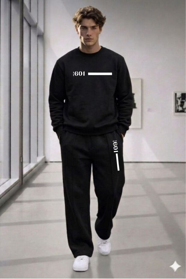 Men's Black No 601 Summer Crew Neck Sweat Black 3-Thread Cotton Loose Leg Sweatpants Set