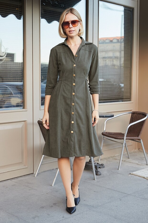 Women's Stretchy Velvet Collared Dress with D Buckle on the Sides and Gathered Sleeves, Below the Knee, Kilos Dress - Khaki