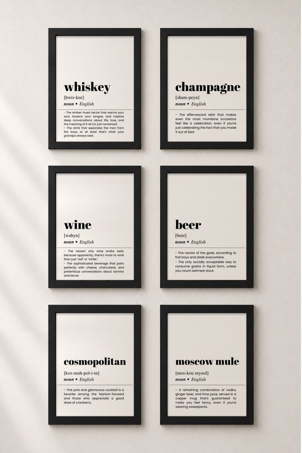 6 Piece Bar Dictionary Drink Definitions Framed Chart Set Cocktail Posters Bar Decor Six12