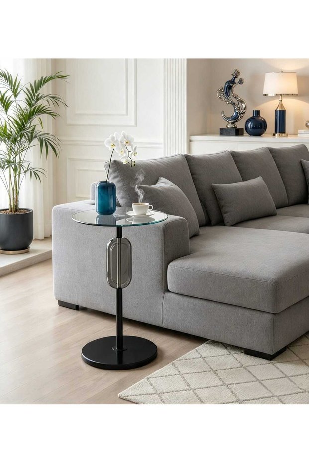 Glass Surface Service Table with Marble Base and Crystal Touch