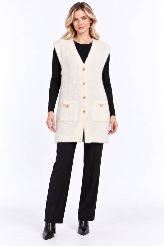Women's V-Neck 4-Button Pocket Detailed Shardonlu Furry Long Knitwear Vest