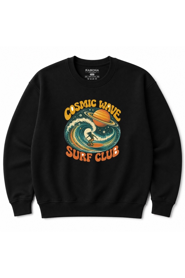 Cosmic Wave Surf Club Retro Space Surfer Graphic Sweatshirt