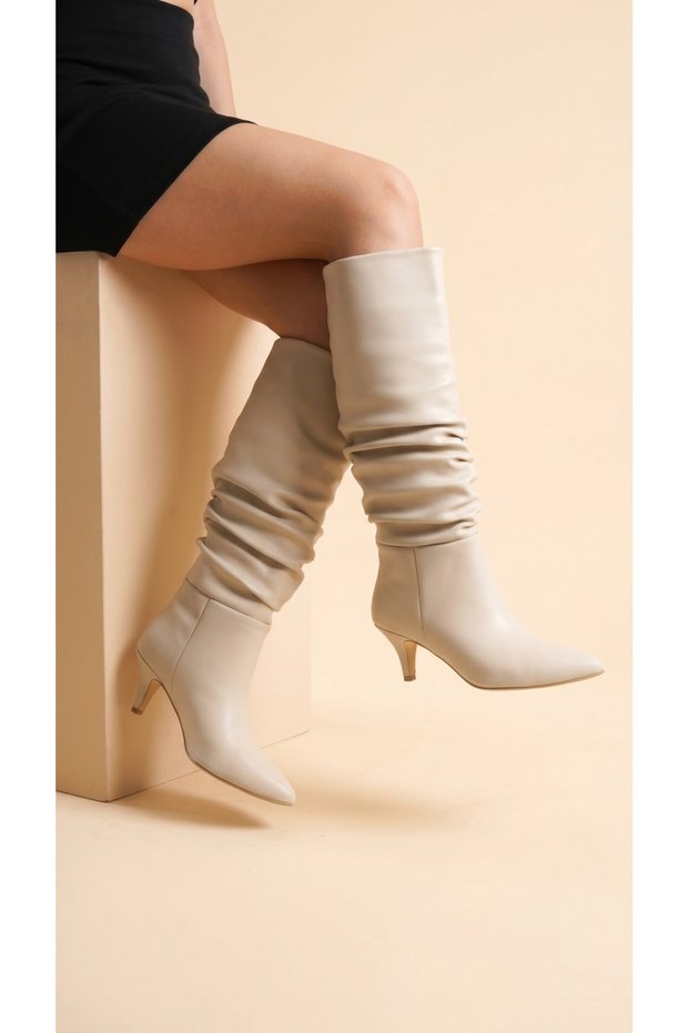 Women's Drawstring Detailed Pointed Toe Thin Heeled Long Boots