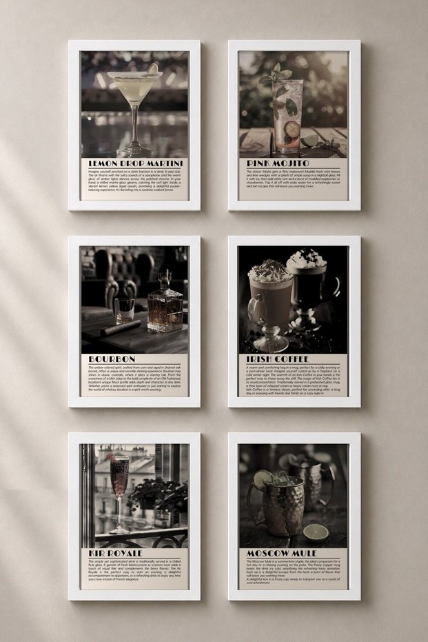 6 Piece Black and White Cocktail and Whiskey Framed Painting Set Cocktail Posters Bar Decor Six10