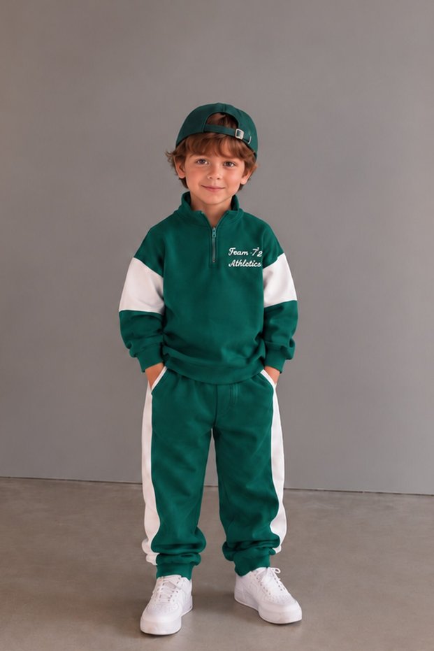 Boys' Cotton Green Zippered High Collar Sweatshirt and Green Bottom Top Set