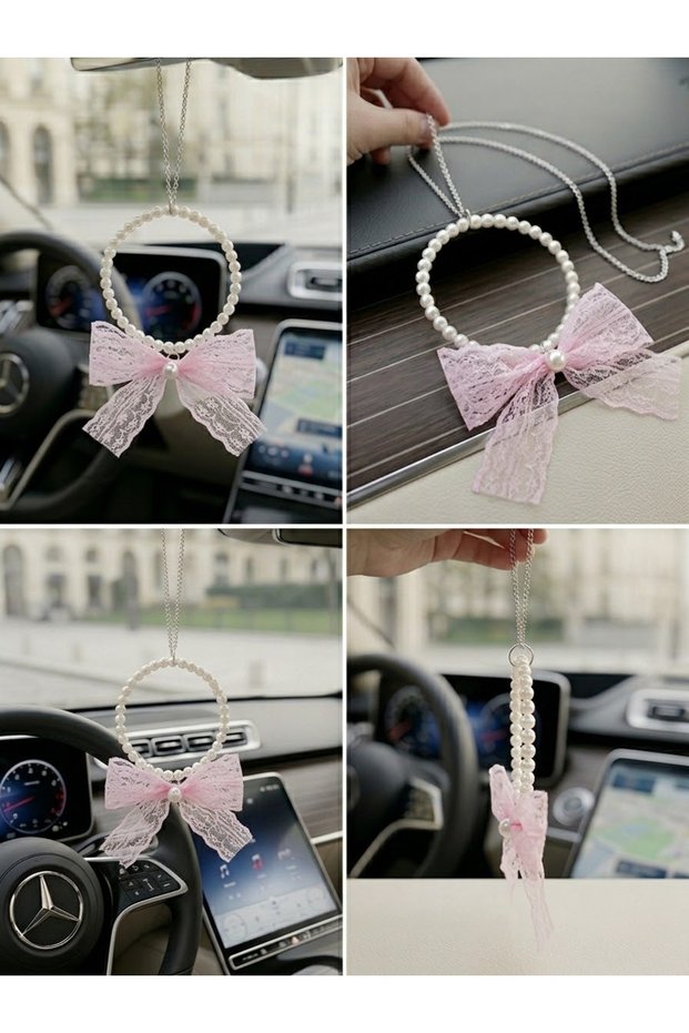 Automobile Rearview Mirror Ornament Pearl Ribbon Auto Ornament Accessory
