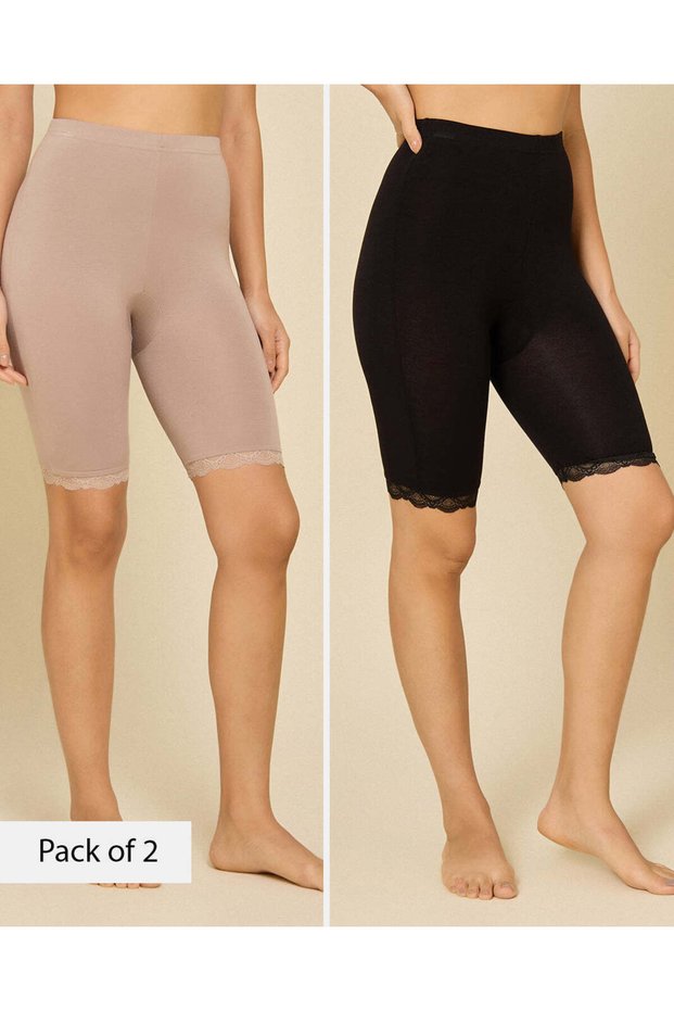 Women Beige and Black Viscose Knit Shorts, 2 Pack